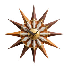 Vintage mid-century modern sunburst wall clock features rich wood tones and striking brass accents on transparent background