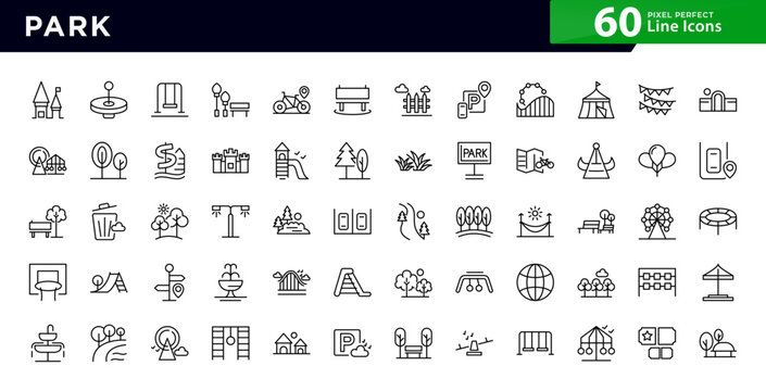 Park line icons. Bench, gardening, forest, camp, picnic, playground, recreation, winding paths, picnic table, fence icon set. Vector stroke