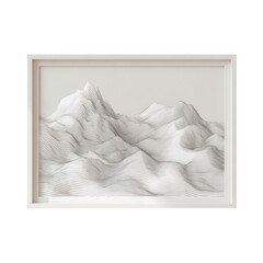 Minimalist abstract topographic line art depicting undulating mountain ranges in a white picture frame on transparent background