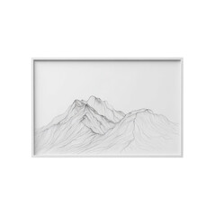 Minimalist black and white line art illustration depicting rugged mountain range peaks within a clean white frame on transparent background