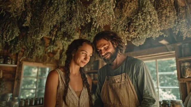  A tender moment captured between two individuals, framed within the rustic charm of a vintage indoor setting, the scene brimming with authenticity and natural light.