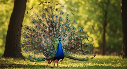 Obraz premium A vibrant peacock spreads its stunning tail feathers in the middle of a lush green forest
