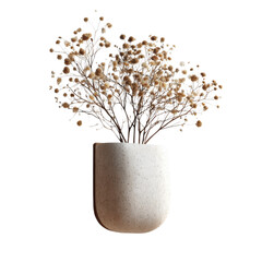 Delicate dried beige baby's breath flowers arranged artistically in a speckled modern ceramic planter on transparent background