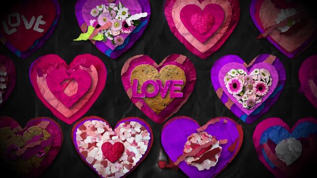 A patterned background of stop motion style collage love hearts in a looping background.
