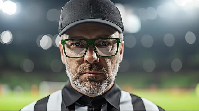 A serious soccer referee in glasses, focused on the game at night.