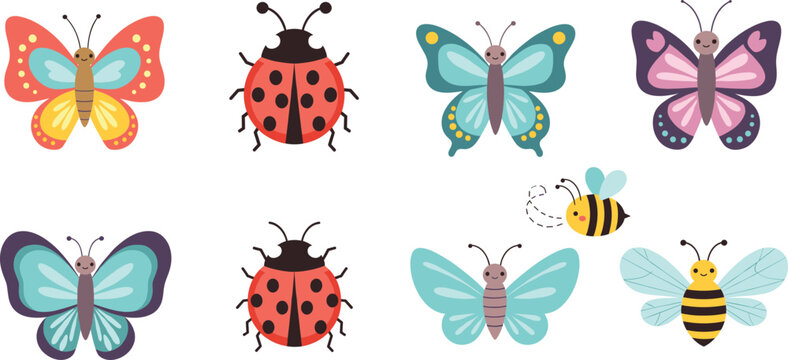 Collection of cute cartoon garden insects with smiling butterflies ladybugs and bees in vibrant colors for children book illustrations and sticker design