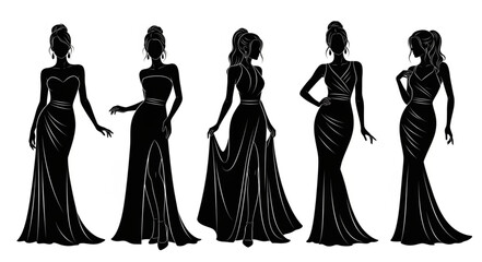 Five elegant women silhouettes in formal gowns. © pia