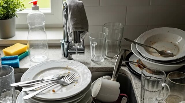 Progression of washing dishes in a busy kitchen sink lit by natural window light