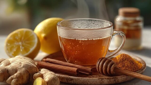  A steaming glass of tea, enhanced with slices of fresh ginger, lemon, and aromatic cinnamon, presents a blend of flavors, ready for a comforting and invigorating experience.