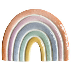 Aesthetic ceramic nursery decor featuring a pastel multicolored rainbow arch sculpture with textured finish on transparent background