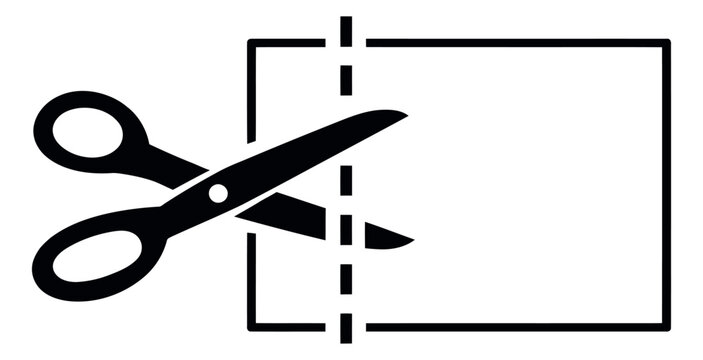 Simple line art illustration of scissors and a coupon outline depicting a coupon being cut for promotions and discounts