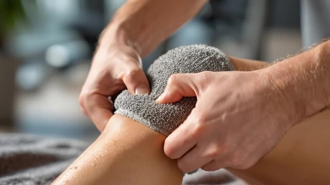  A close-up view captures the hands of a therapist gently applying a warm compress to a patient's knee, offering a sense of therapeutic care and relaxation.
