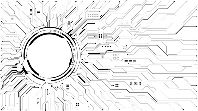 Technology HUD portal with semiconductor pathways extending to edges. Black chip circuit pattern on white. AI-powered board design for futuristic digital projects. HUD vector. Tech digital background.