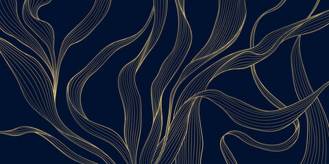 Fototapeta premium Elegant floral pattern, gold line art, dark background, leaves, flowers, flowing wave elements, Japanese and Chinese design. Vector illustration, botanical motifs, organic lines, luxury spa aesthetic.