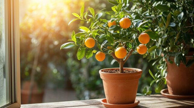 A kumquat tree growing in a terracotta pot on a sunny balcony, symbolizing home gardening and sustainability