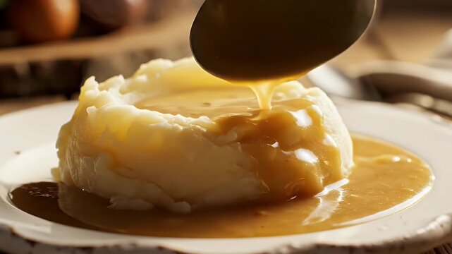 A spoon pours gravy over a fluffy mound of mashed potatoes on a white plate