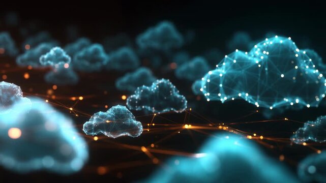 Cinematic visualization of a futuristic cloud computing network with interconnected digital nodes and flowing data, ideal for technology, AI and cloud infrastructure concepts