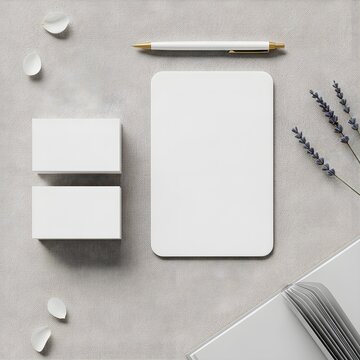 Top-down view of a white notepad, pen, and business cards on a gray surface with lavender and petals, conveying a minimalist and organized workspace.
