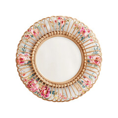 Exquisite round wicker mirror featuring delicate pink floral patterns and natural woven accents on transparent background