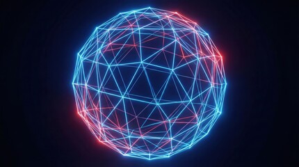 Naklejka premium Futuristic glowing digital sphere made of interconnected blue and red neon lines,on dark background,representing AI,technology,network and cyberspace communication