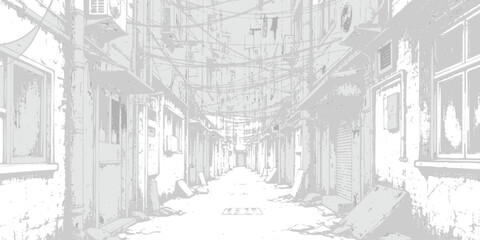 Obraz premium A stylized high-key illustration depicting a narrow alleyway between dilapidated buildings in an urban setting