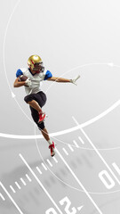 Obraz premium Dynamic poster American football player catching ball mid air. Concept of explosive reach, aerial control, decisive play moment, athletic focus, and competitive game intensity.