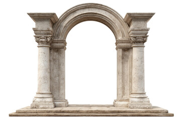 Obraz premium Classical stone archway with two columns and rounded arch, carved capitals, base plinths and lightly weathered beige stone texture, isolated on transparent background.