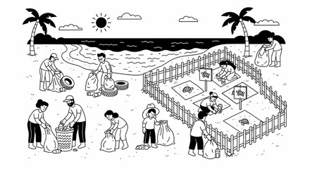 Fototapeta premium People Working Together on Beach Volleyball Court.