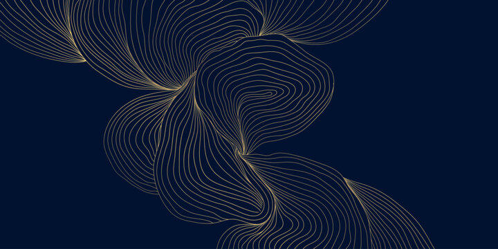 Elegant floral pattern, gold line art, dark background, leaves, flowers, flowing wave elements, Japanese and Chinese design. Vector illustration, botanical motifs, organic lines, luxury spa aesthetic.