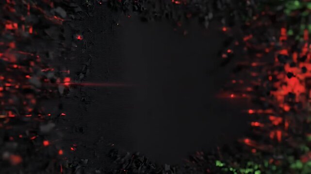 Abstract digital illustration with binary code, red sound waves, and a central explosion