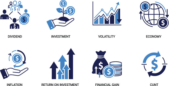 Blue investment icon set featuring stock market growth venture capital portfolio management risk assessment asset handling and mutual fund distribution for financial business and banking.