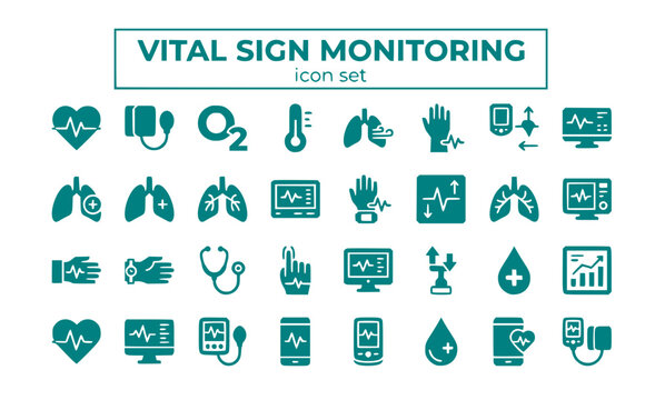 Vital Sign Monitoring Health Heart Rate Blood Pressure SpO2 Temperature Respiratory Pulse Clinical Medical Patient Tracking Measurement Sensor Vector Icon Set - Vital Signs