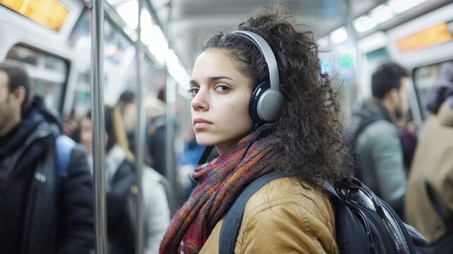 A commuter wearing headphones and avoiding eye contact in a crowded subway representing modern alienation