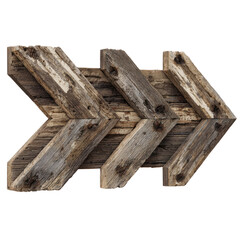 Rustic reclaimed barn wood chevron arrow pointing right, featuring textured grain and weathered patina on transparent background