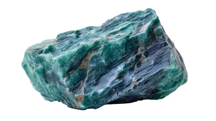 Fototapeta premium Raw Green Fuchsite crystal rock isolated on white, deep green mineral specimen, rough stone texture, promoting compassion, geology concept.