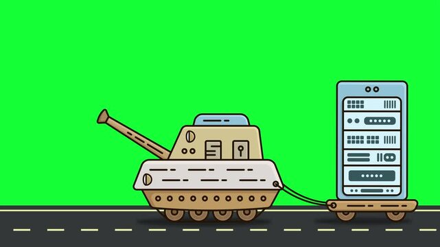 Cartoon Mini War Tank Transporting Modern Data Server for Digital Security on Green Screen