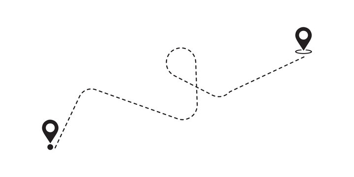 Route Path with Location Pins, Dotted Line from Start to Finish on Transparent Background
