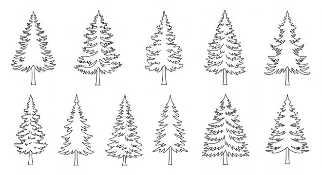 Pine tree line art vector set minimalist outline 