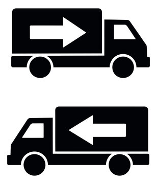 Flat solid forward and return delivery truck icons set featuring directional arrows for shipping and logistics