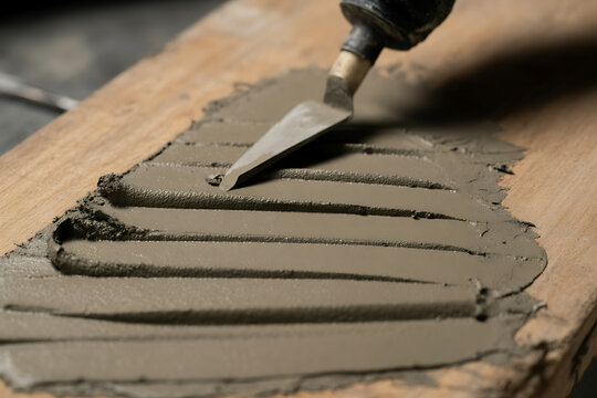 Close-up of trowel spreading grey cement mortar with textured grooves on a wooden plank for construction and DIY projects.