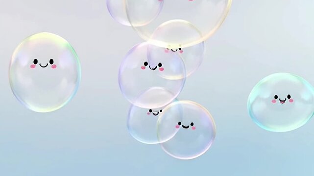 Floating soap bubbles forming small smiling faces, creating a cheerful, lighthearted, and magical atmosphere.