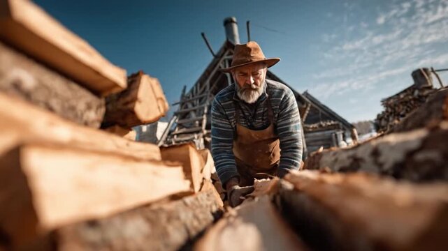  A weathered craftsman meticulously arranges stacked logs under a bright sky. Witnessing the quiet dedication and skilled work ethic of the craftsman in their element.