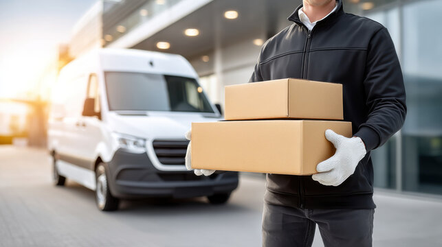 Delivery driver holding cardboard boxes front of white cargo van building entrance during sunrise, efficient urban package drop off with friendly