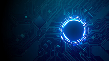 Naklejka na ściany i meble Glowing HUD portal with neon circuits and wires spreading outward, forming a tech interface on blue digital background with futuristic elements. Digital blue technology background.