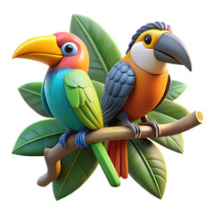 Obraz premium Two Colorful Cartoon Birds Perched on Branch with Leaves, Tropical Avian Duo
