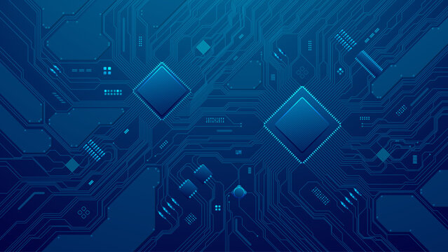 Digital circuit patterns on dark board with illuminated microchip network, abstract tech textures, and futuristic electronic data visualization elements. Digital blue technology background.