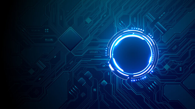 Glowing HUD portal with neon circuits and wires spreading outward, forming a tech interface on blue digital background with futuristic elements. Digital blue technology background.