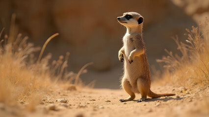 Fototapeta premium Curious meerkat exploring its world. Fascinating meerkat behavior revealed. The social life of meerkats explained. Fun facts about meerkats you didn't know.
