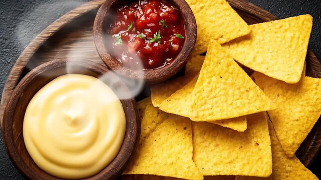 Steaming hot nacho chips with salsa and cheese dip on a wooden plate viewed from above
