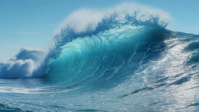 A cresting turquoise wave rises, illuminated with light, against a clear blue sky